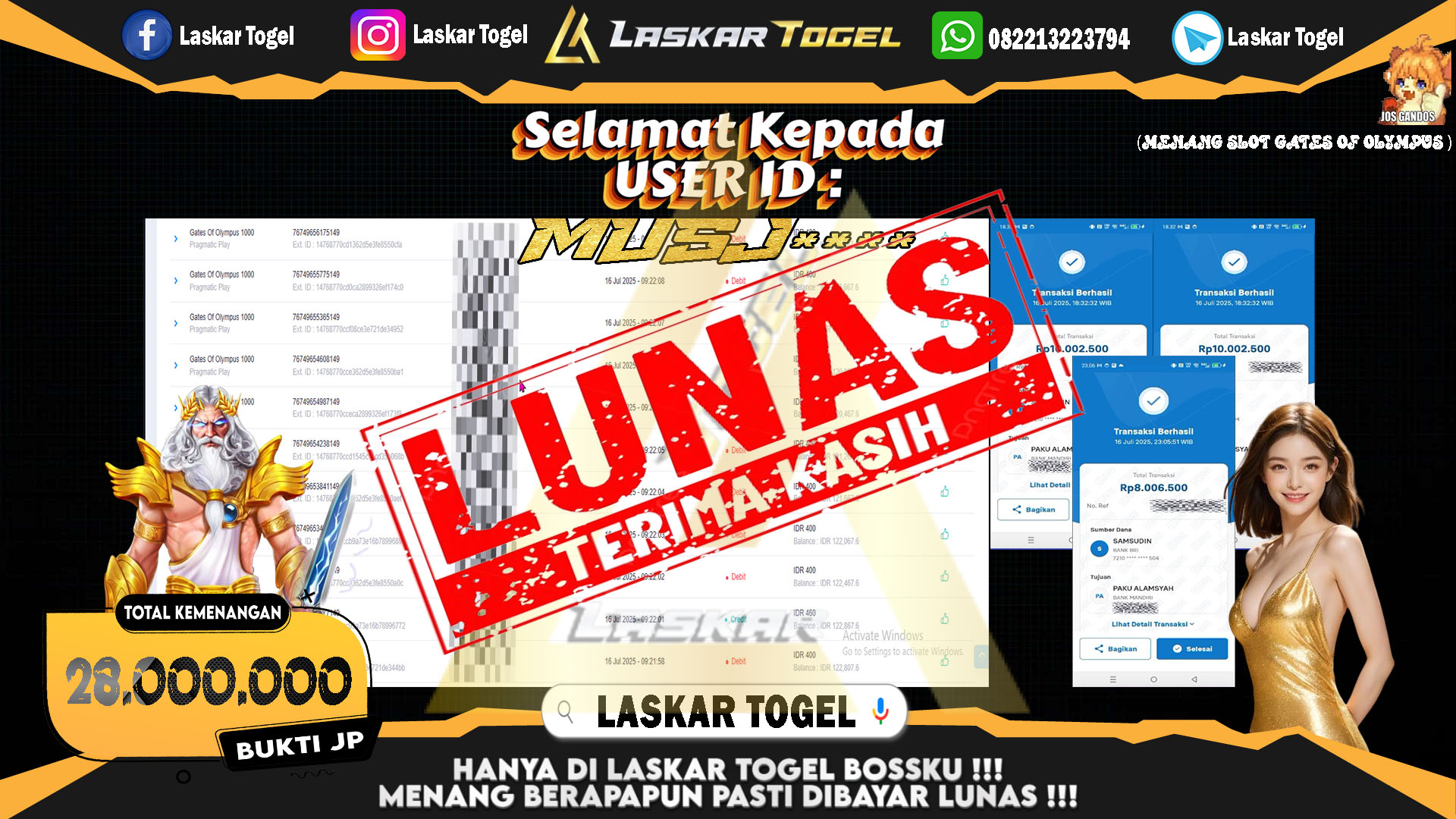 LASKARTOGEL JACKPOT SLOT GATES OF OLYMPUS Rp.28.000.000.,- LUNAS